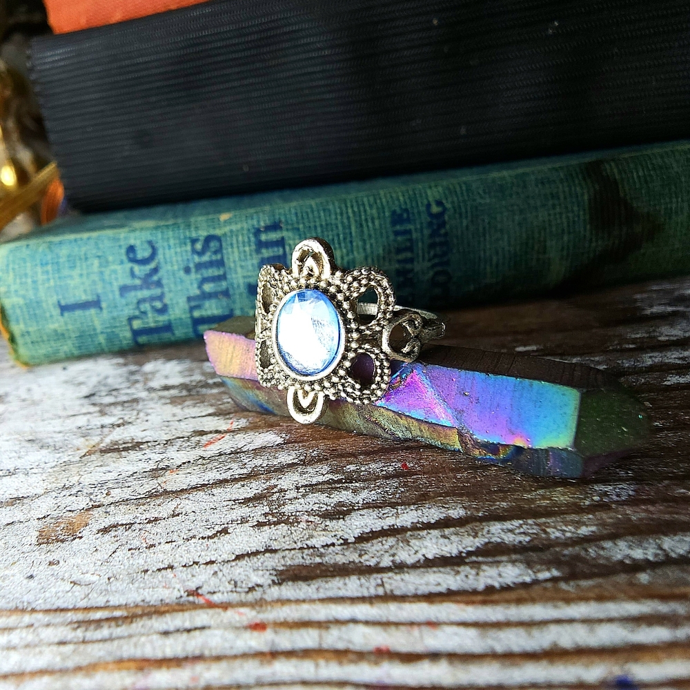 Victorian Allure, Silver plated, Bold Blue Crystal Ring